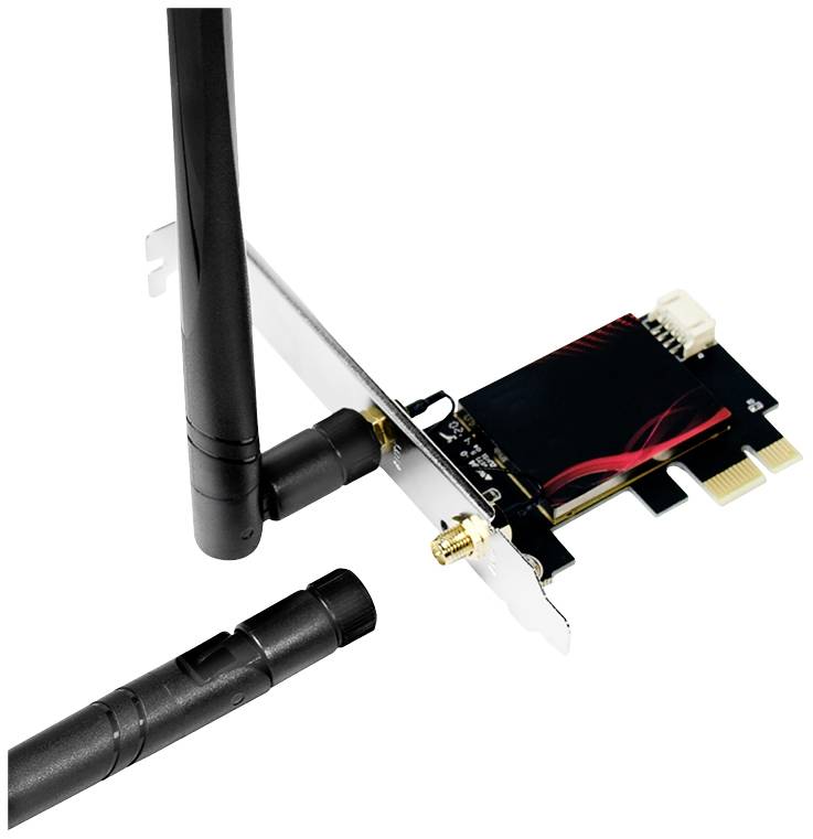 Svart WLAN-nätverkskort med antenn för installation i en PC, på vit bakgrund.