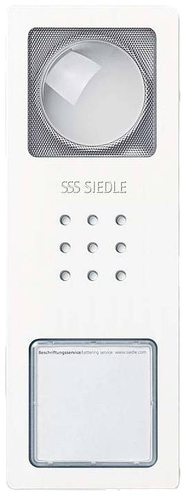 Vit porttelefon med högtalargaller, kamera och namnskylt. Märkt med 'SSS Siedle'. I nedre delen står det "Rådgivningsservice".