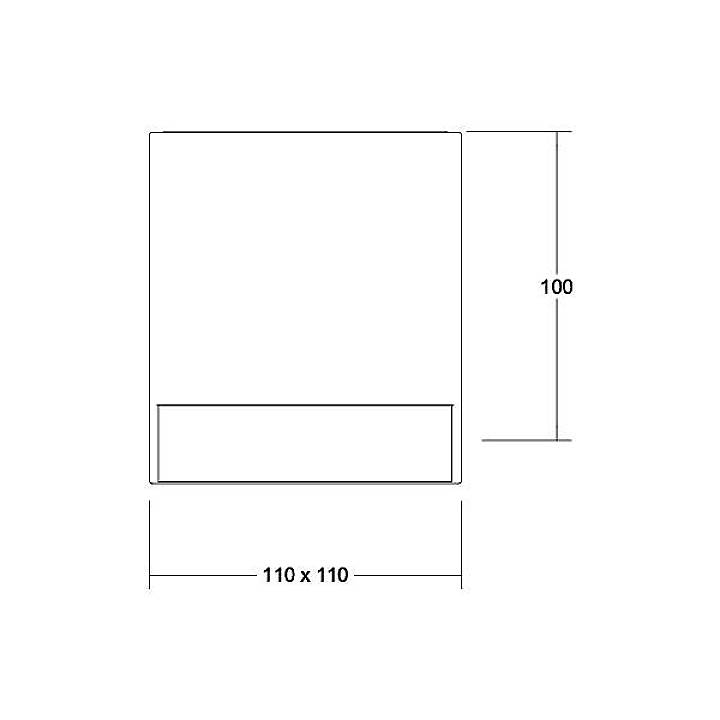 Teknisk ritning av ett kvadratiskt objekt med mått: 110 x 110 mm bredd, 100 mm höjd.