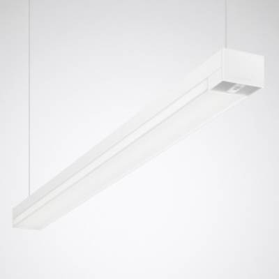 En modern, rektangulär taklampa i vitt som hänger från taket. Den har en enkel, minimalistisk design.