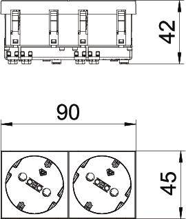 Teckning av en elektrisk komponent med mått: Bredd 90, Höjd 42, Djup 45. Övre delen visar en sektionsvy, nedre delen en frontvy med två runda element.