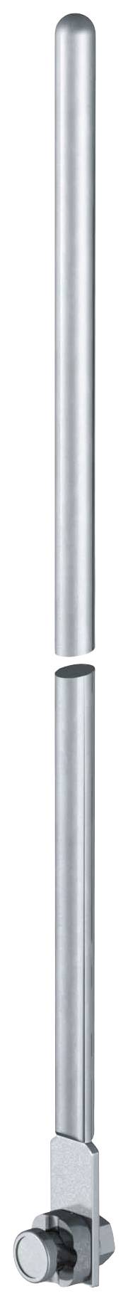 En lång, vertikal, silverfärgad metallstång med en bas, möjligen en del av ett möbelpjäs eller en anordning.