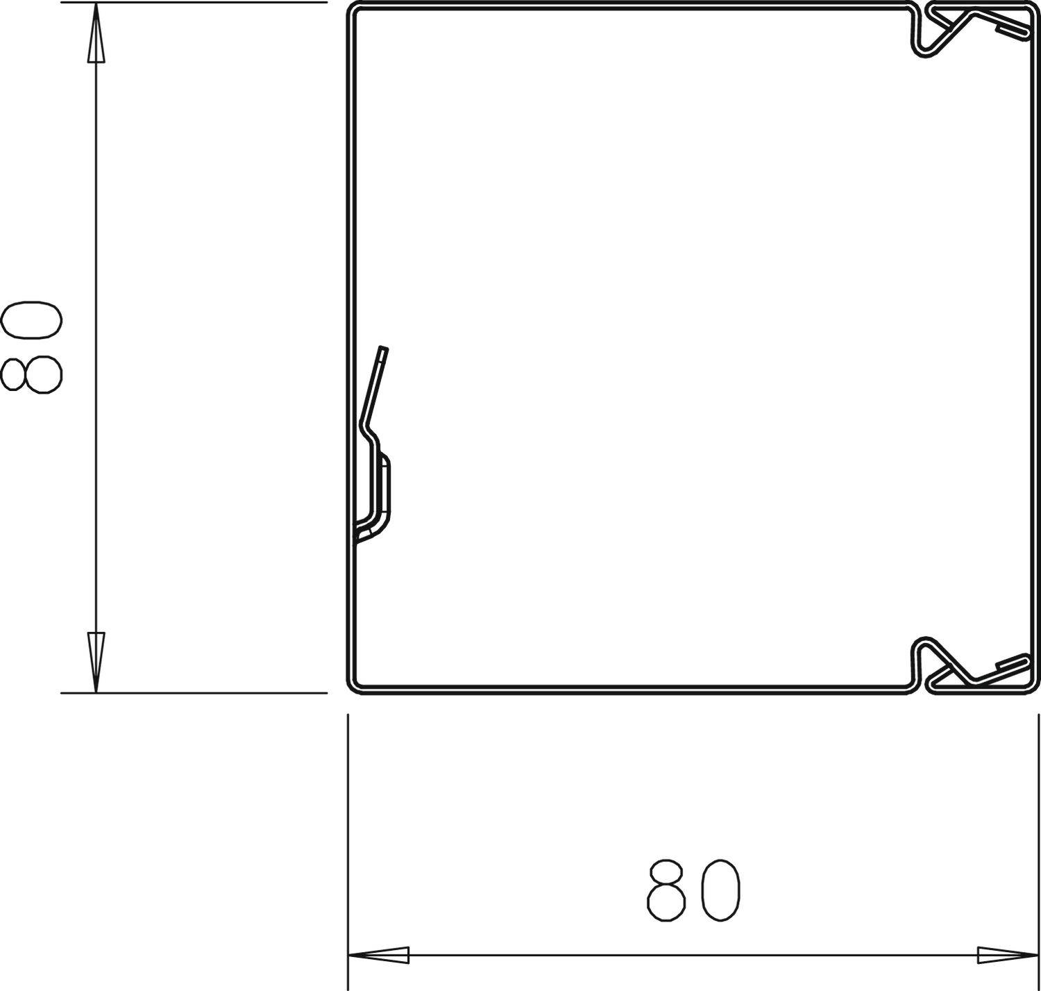Ritning av en fyrkantig profil med måtten 80 x 80 mm. Invändiga fogar vid hörnen för möjliga fästanordningar.