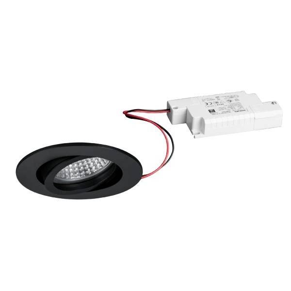 Infälld LED-spotlight i svart hölje med extern vit drivare, sammankopplade med kabel. Avsedd för tak- eller väggmontering.