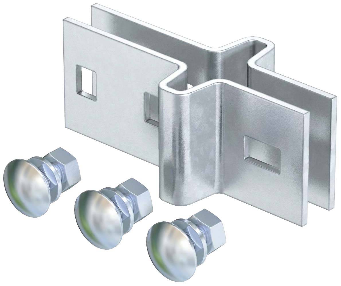 Metallvinkelinfästning med tre skruvar. Infästningen har rektangulära urtag och är lämplig för montering av metallstrukturer.