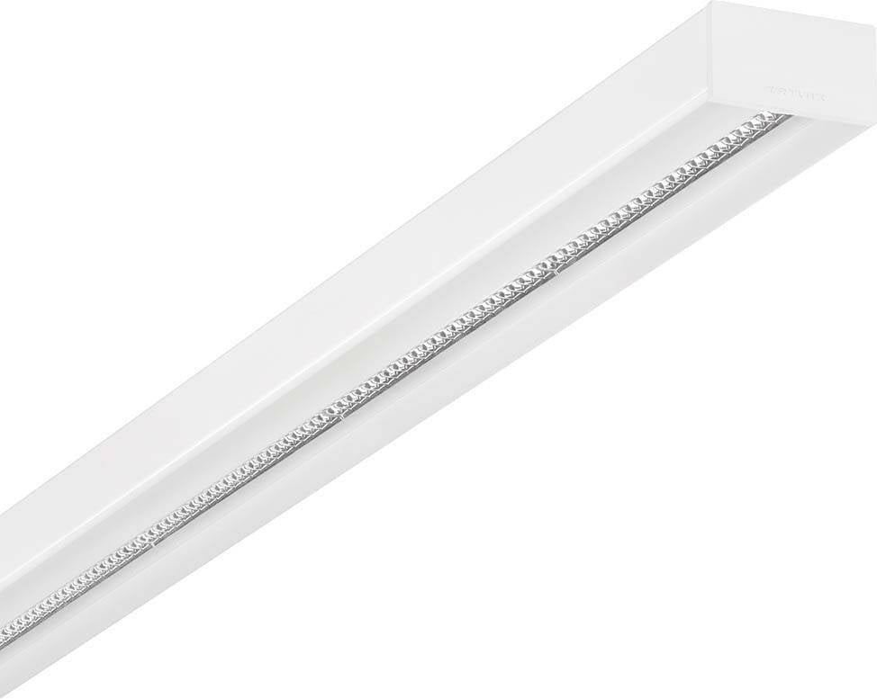 En vit, avlång LED-ljusslinga med integrerad diffusor, lämplig för belysning i kontor eller bostadsutrymmen.