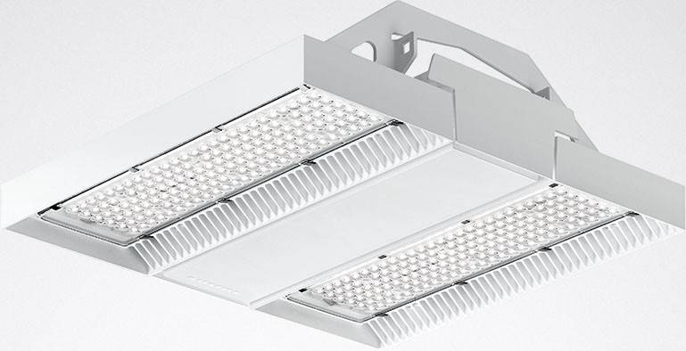 En vit LED-taklampa med modernt design som utstrålar jämnt, diffust ljus. Perfekt för kontorslokaler eller korridorer.