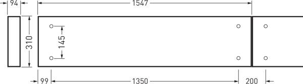 Teknisk ritning av en rektangulär metallbalk, med mått: 1547 mm längd, 310 mm bredd. Positioner och mått för borrhål är angivna.
