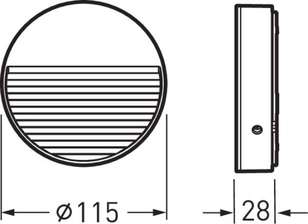 Rund lampa med horisontella ränder och måtten Ø115 mm i diameter och 28 mm i djup.