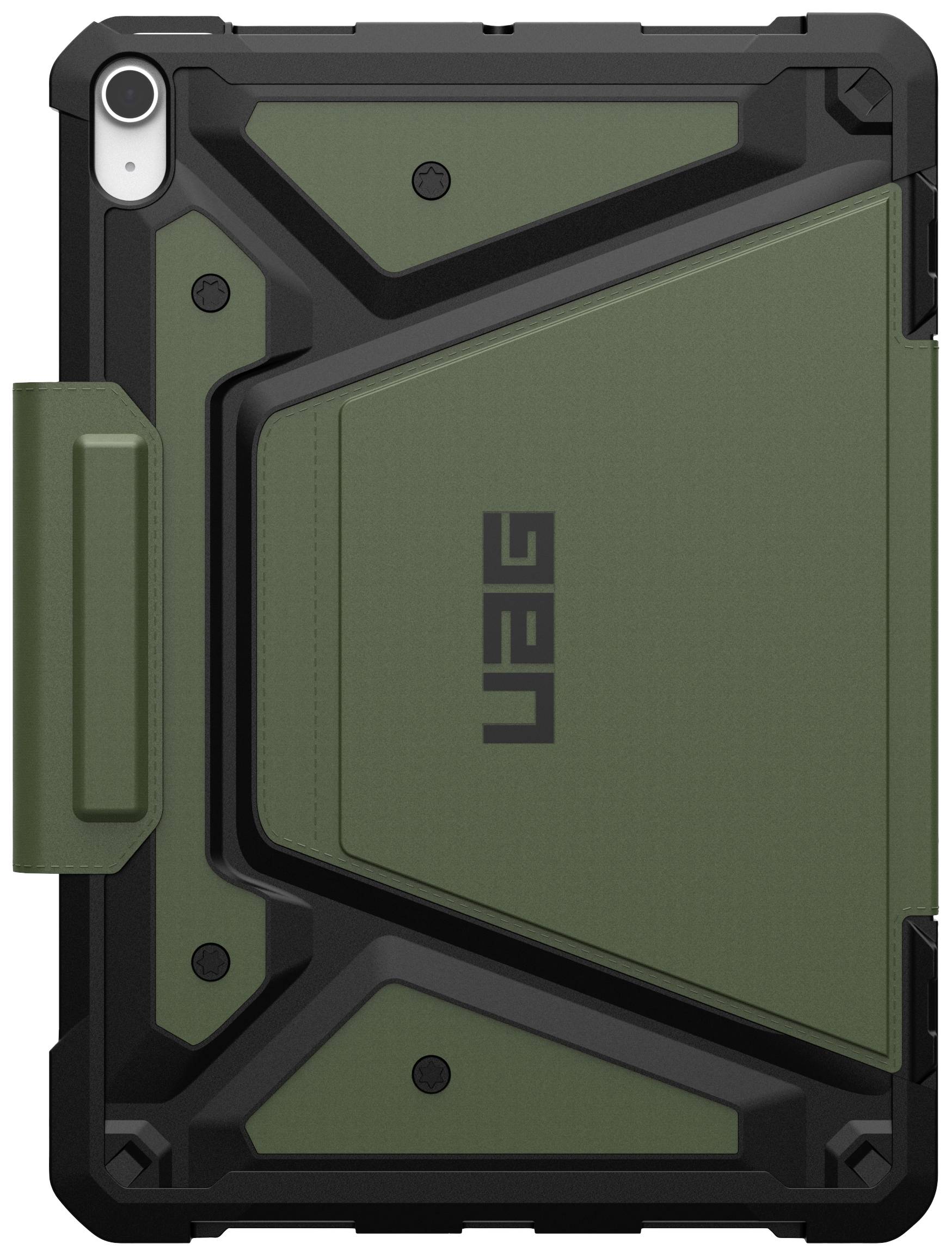 Grön och svart skyddsfodral för surfplatta med markant, robust design och präglad 'UAG'-logotyp på baksidan.
