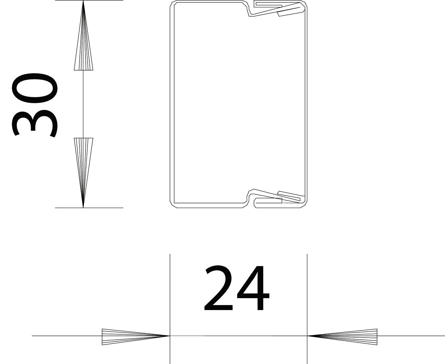 Teknisk ritning av en rektangulär profil med måtten 30 mm i höjd och 24 mm i bredd.