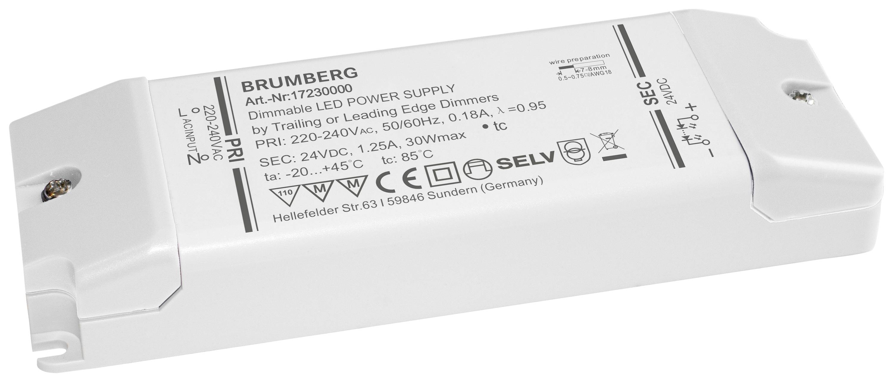 Brumberg LED-nätaggregat, dimbart, 24V DC, 1,25A, max. 30W, artikelnummer 17250000, för 220-240V ingångseffekt, lämpligt för dimmer.