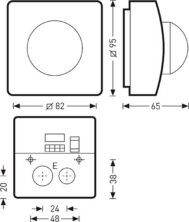 Teknisk ritning av en elektronisk enhet med mått: bredd 82 mm, höjd 95 mm, djup 65 mm. Visar anslutningar och manöverdon.