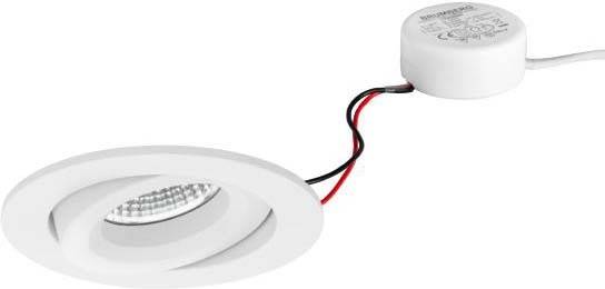 En rund, vit infälld LED-lampa med svart och rött anslutningskabel, ansluten till en liten, cylindrisk transformator.