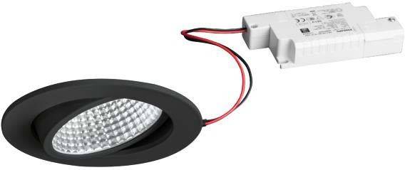 Svart infälld LED-spotlight med reflekterande insida och ansluten elinstallation.