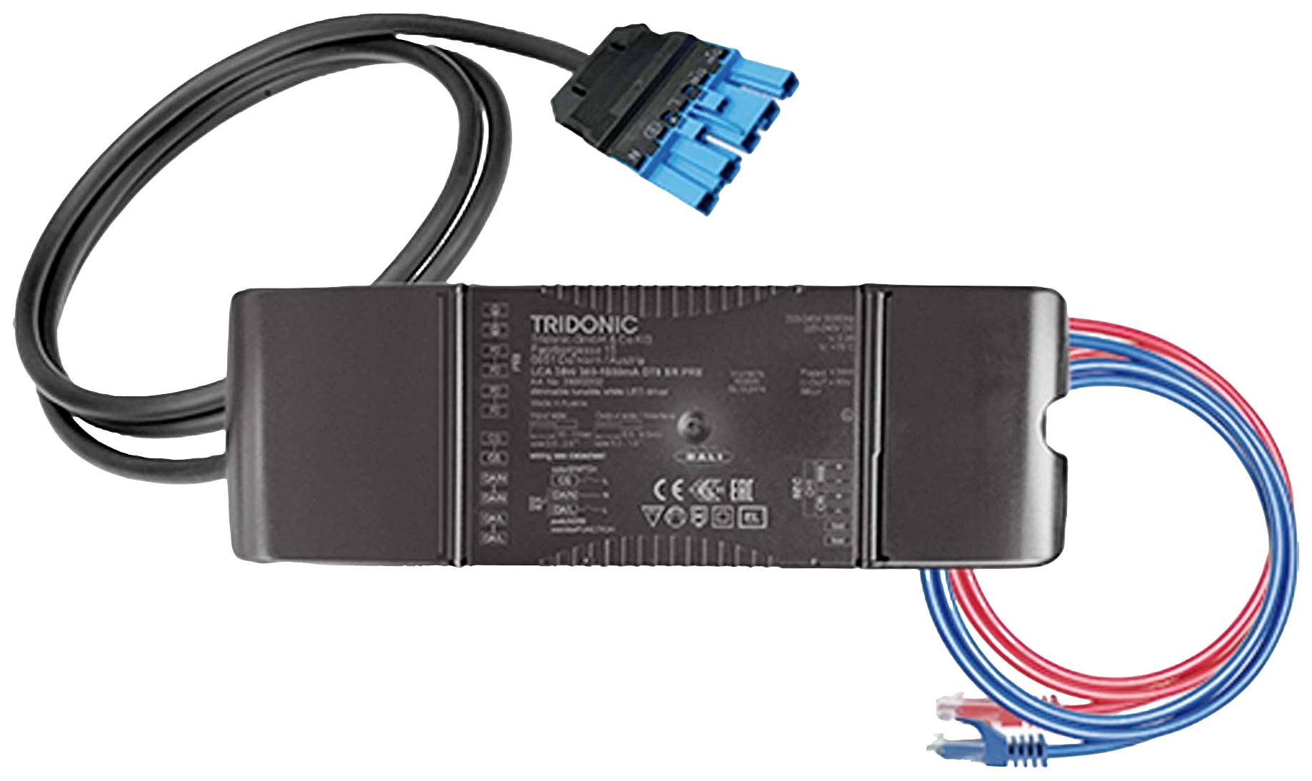 Svart TRIDONIC-elektronikkomponent med blå och röda kablar, använd inom belysningstekniken.