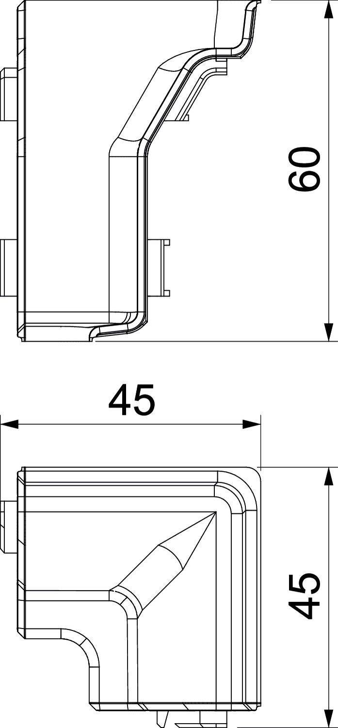 Teknisk ritning av en rektangulär plastanslutning med dimensionerna 45 mm x 45 mm och en höjd på 60 mm.