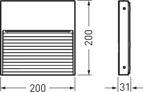 Ritning av ett kvadratiskt ventilationsgaller med dimensionerna 200x200x31 mm, presenterat i front- och sidovy.