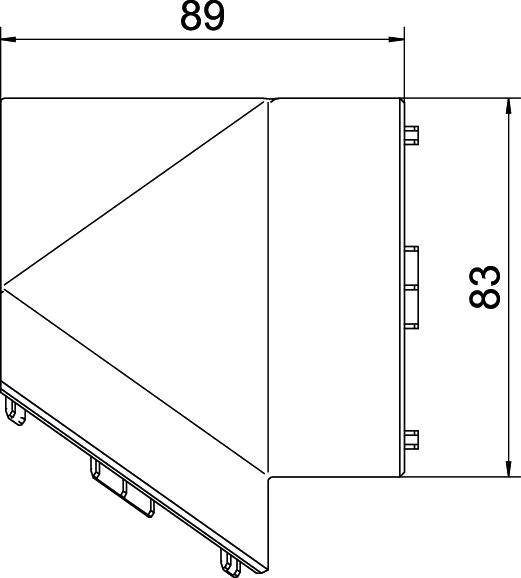 Teknisk ritning: En komponent med måtten 89 x 83. Geometrisk form med rektangulära och triangulära element.
