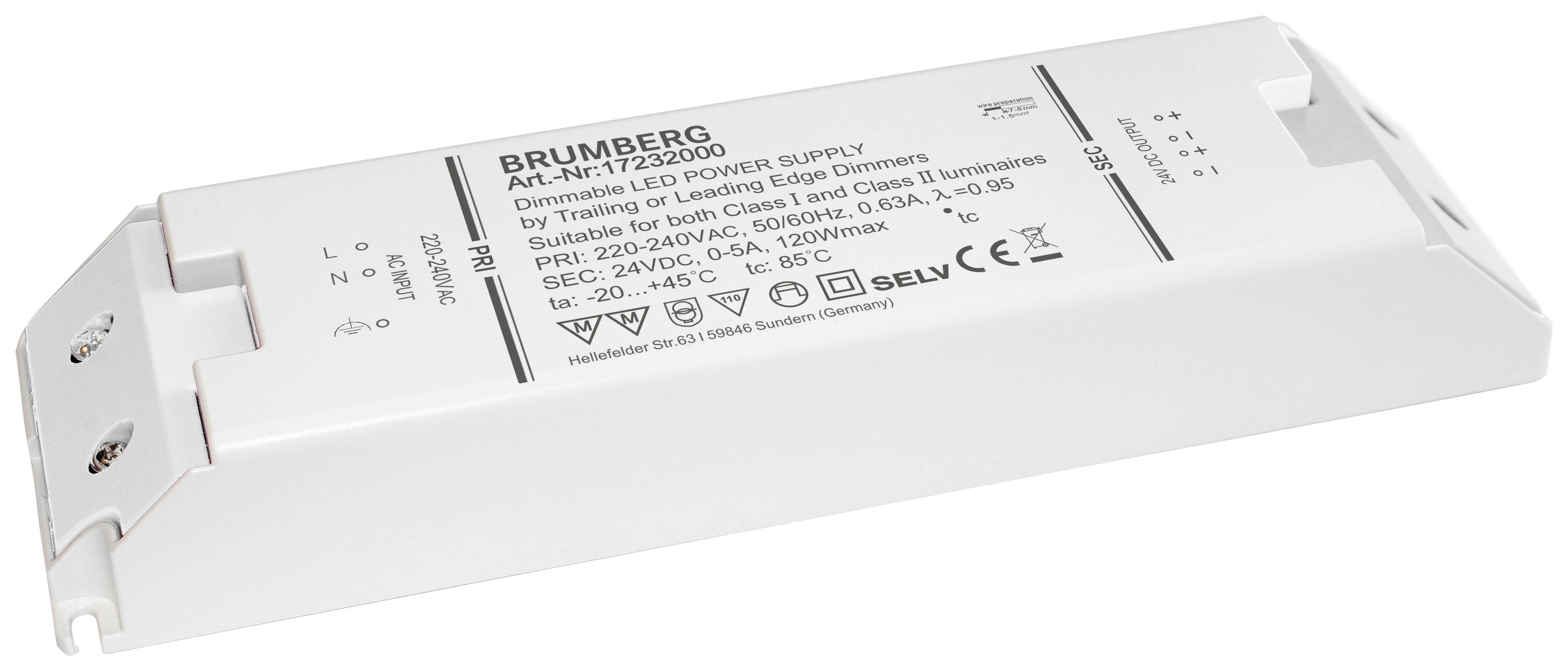 Rektangulärt LED-nätaggregat med påskrift över specifikationer som modellnamn 'BRUMBERG', ingångsspänning 220-240V och utgång 24V.