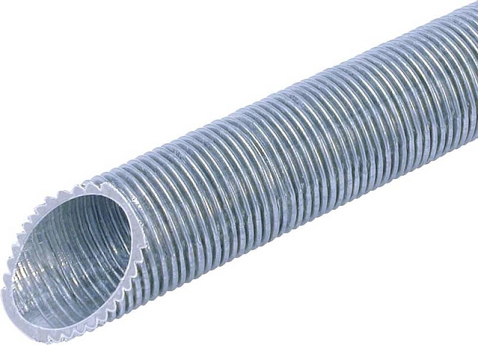 En flexibel, räfflad metallslang. Lämplig för elektriska ledningar eller installationer. Silverfärgad.