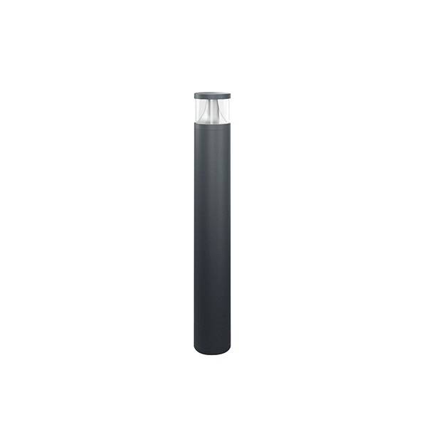 En svart, cylindrisk utomhuslampa med en transparent sektion överst för ljusspridning. Perfekt för trädgångsvägar eller uppfarter.