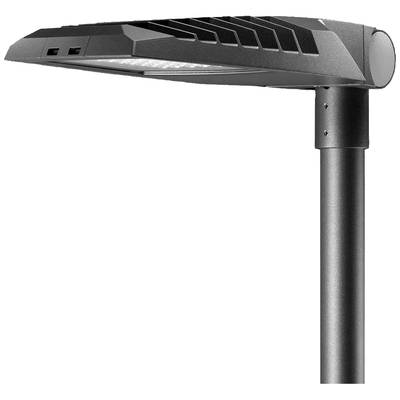 En modern, svart LED-gatulampa med strukturerad design, monterad på en metallstolpe, fotograferad från en sidledes perspektiv.