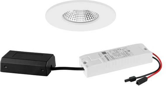 Rund LED-taklampa med integrerad lins, ansluten till en vit, rektangulär förkopp­lingsdon och en svart kabel.
