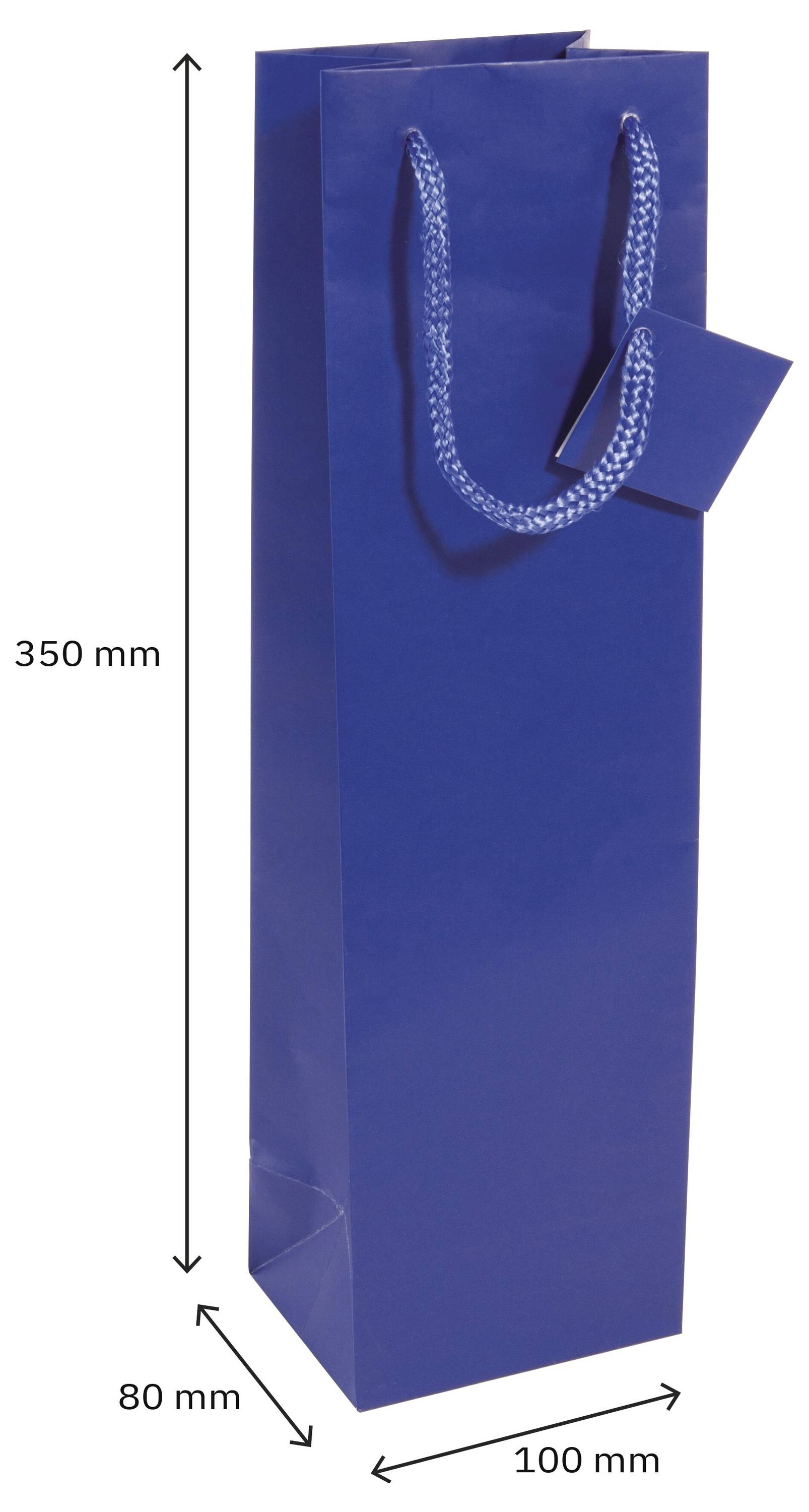 Blå pappersgavepåse visad med dimensioner: 350 mm hög, 100 mm bred och 80 mm djup.