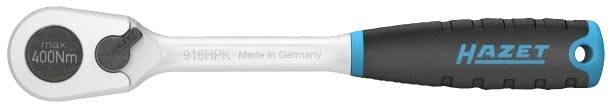 Skiftnyckel med inskription 'max. 400Nm, 916HRK, Made in Germany', svart handtag med blått 'Hazet'-logo.