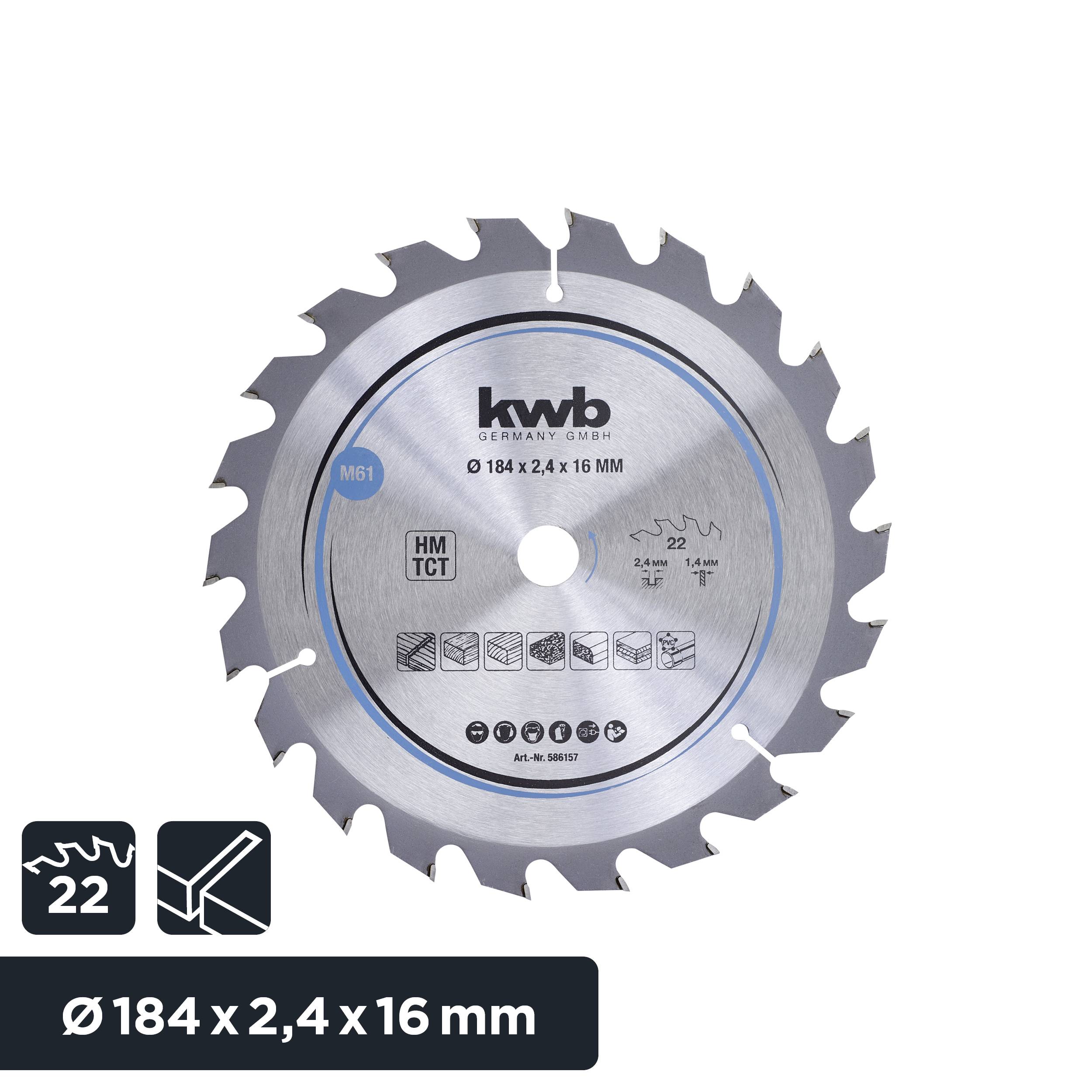 'Sågklinga Ø 184 x 2,4 x 16 mm, 22 tänder, lämplig för trä, metall och plast. Märke: KWB Germany GmbH.'