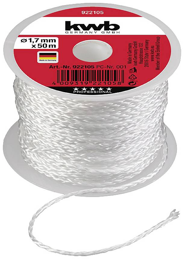Vit snodd på rulle, 1,7 mm diameter, 50 m längd. Tillverkare: KWB Germany GmbH. Produktnummer: 922105.