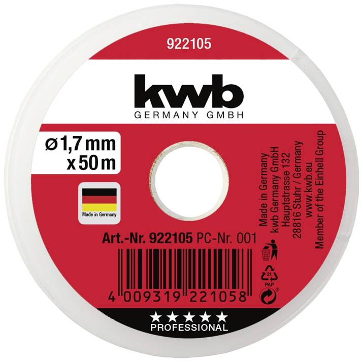 Rund plastspole med 50 m och 1,7 mm tråd från 'kwb GERMANY GMBH', produktnummer 922105, 'Tillverkad i Tyskland', med tysk flagga.