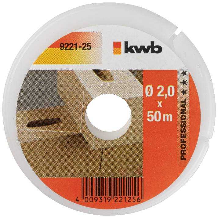 'KWB Professional' plasttrådrulle med 50m tråd, diameter 2,0mm. Etikett visar bild av kartong, artikelnummer 9221-25.