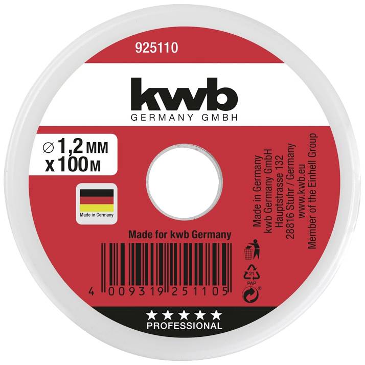 En röd-vit spole märkt 'kwb GERMANY GMBH', diameter 1,2 mm x 100 m, tillverkad i Tyskland.