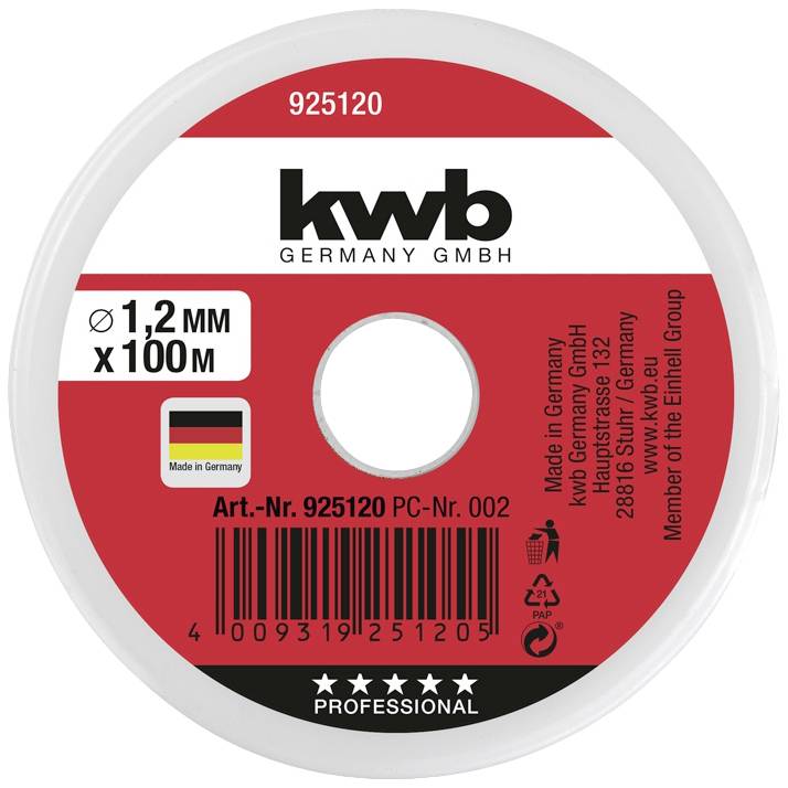Kassett med rött etikett från Kwb. Stark nylontråd, 1,2 mm diameter, 100 m längd. Tillverkad i Tyskland, medlem i Einhell Group.