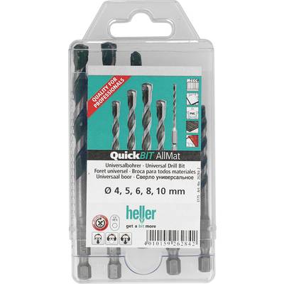 Blisterförpackning av Heller QuickBIT AllMat universella borrbitar, fem bitar märkta 4, 5, 6, 8 och 10 mm för flera material.