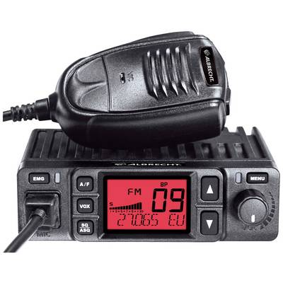 En bärbar radioapparat med display visar 'FM' och frekvensen '27.065'. En mikrofon ligger på enheten.