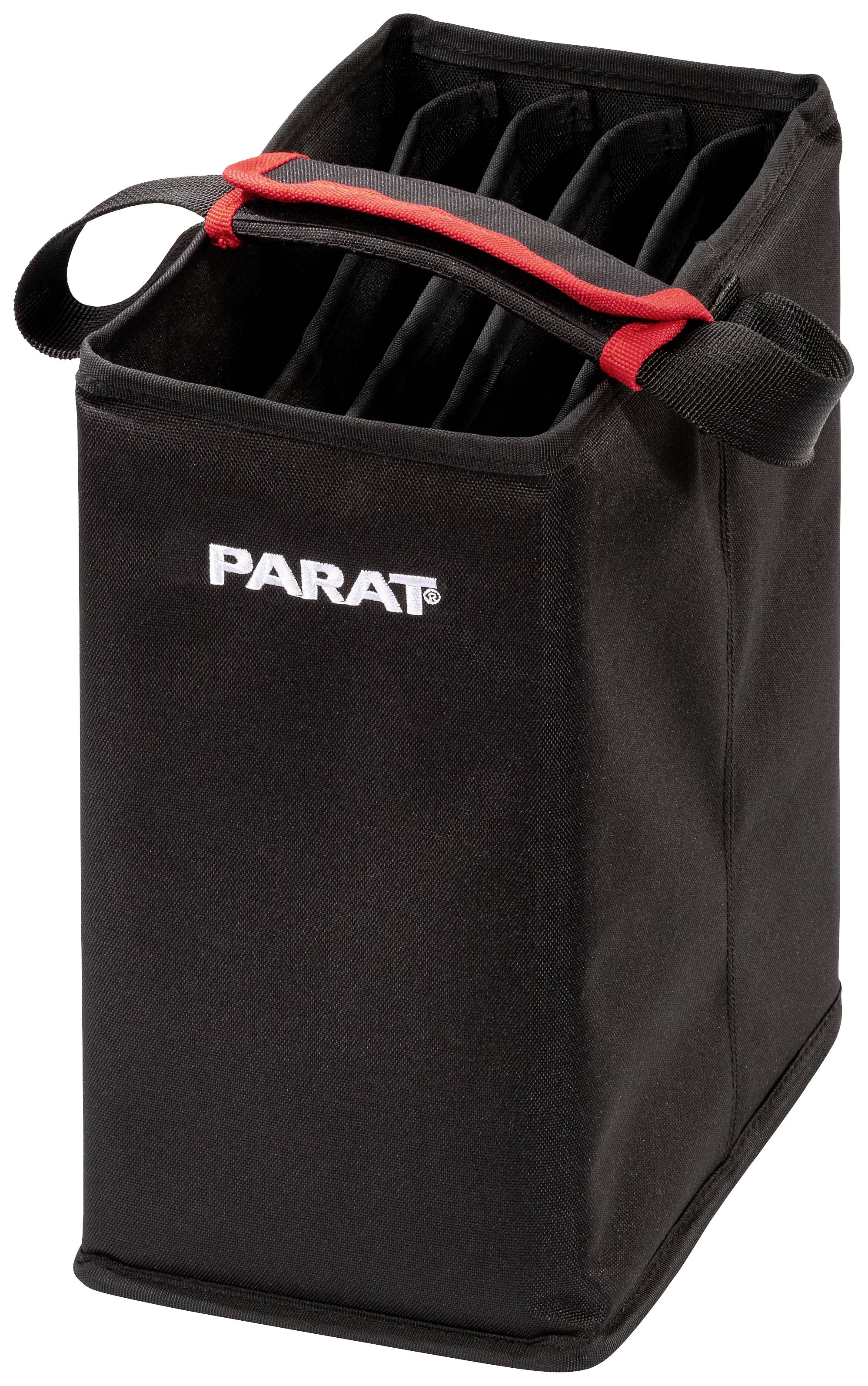 Svart verktygsväska med rött handtag, fyra invändiga fack, märkesnamn 'PARAT' på sidan.