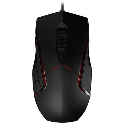 Svart, ergonomisk gamingmus med röda LED-lampor och flera knappar, lämplig för spelare som vill ha precision i styrningen.