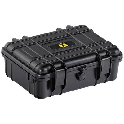 Svart, robust transportlåda med kraftigt lås och gul logotyp på locket, lämplig för säker transport av ömtålig utrustning.