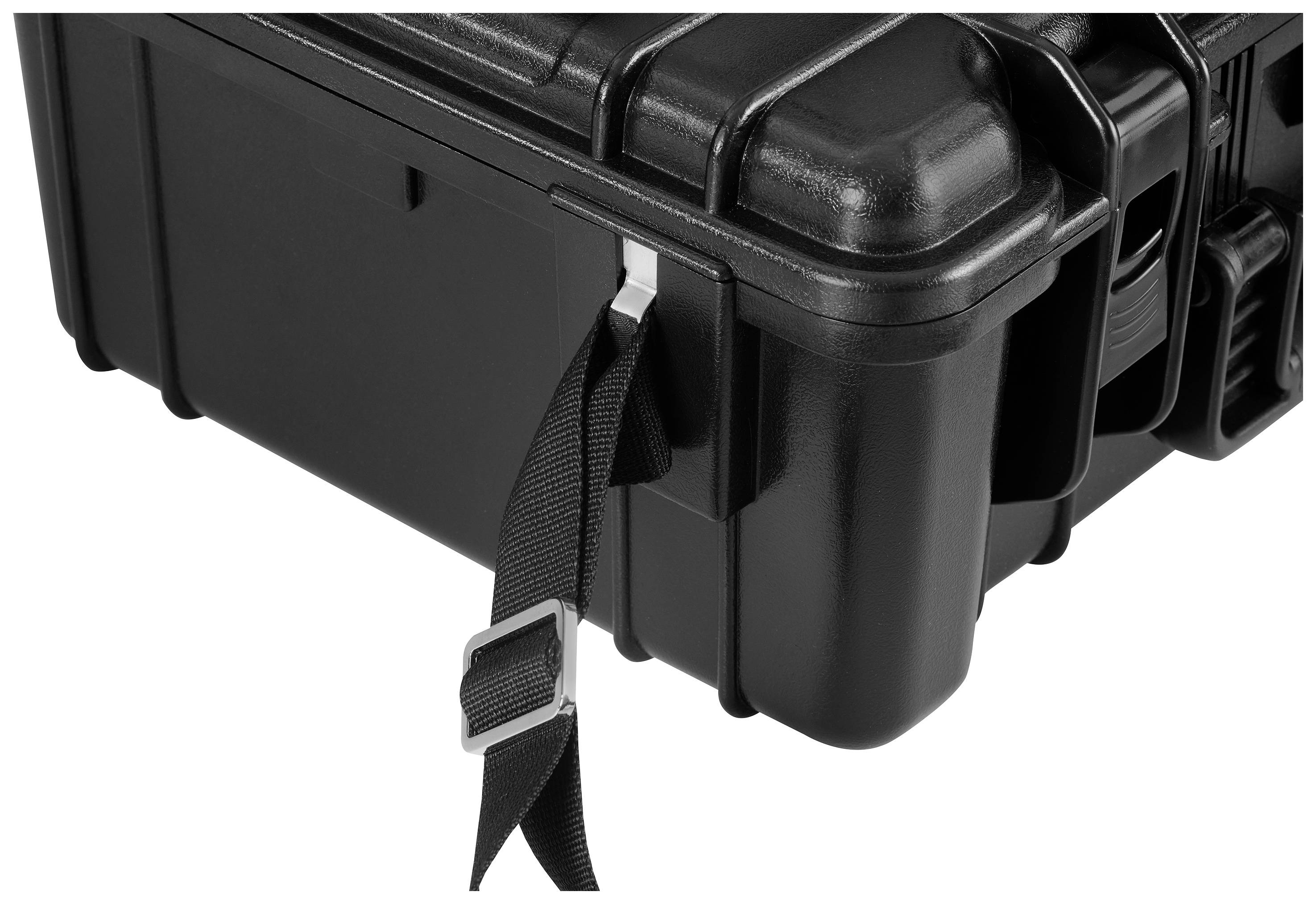Svart hårdskalsresväska med robusta hörn och bärrem.