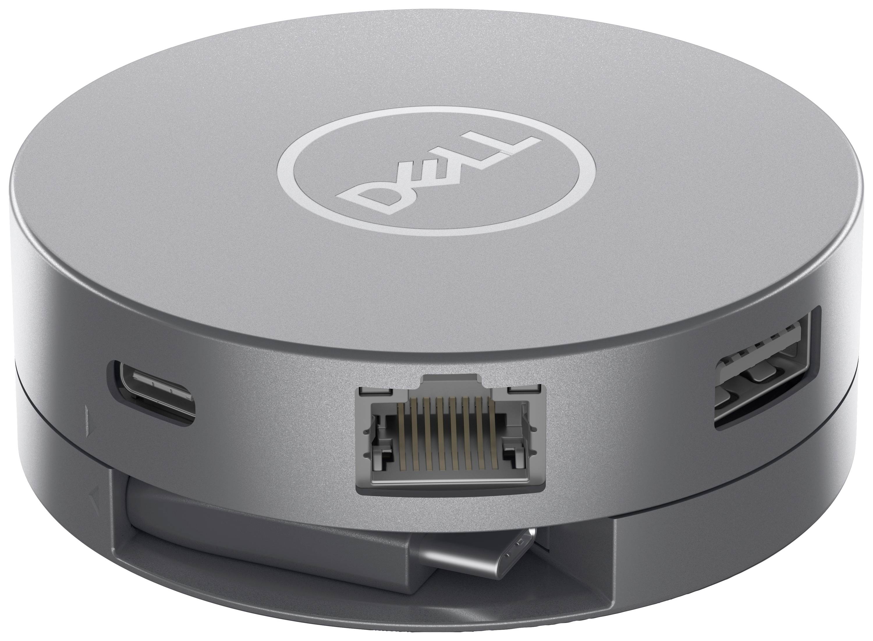 Kompakt, cirkelformad adapter med Dell-logotyp som erbjuder anslutningar för USB-C, Ethernet och HDMI.