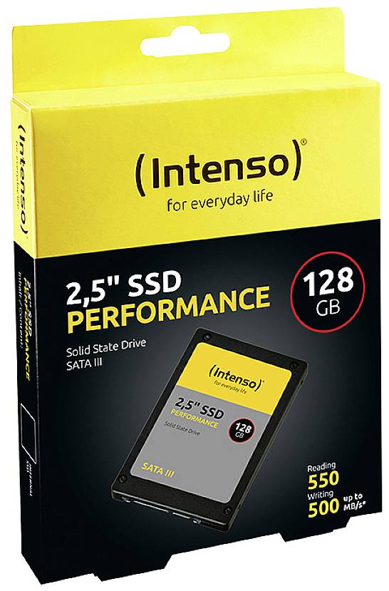 Förpackning för en 2,5-tums SSD från Intenso med 128 GB kapacitet. Framhävda egenskaper: SATA III, prestanda upp till 550 MB/s läsning och 500 MB/s skrivning.