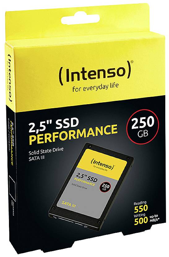 Förpackning till en Intenso 2,5" SSD med 250 GB. SSD:n erbjuder SATA III-anslutning med läs- och skrivhastigheter på upp till 550/500 MB/s.