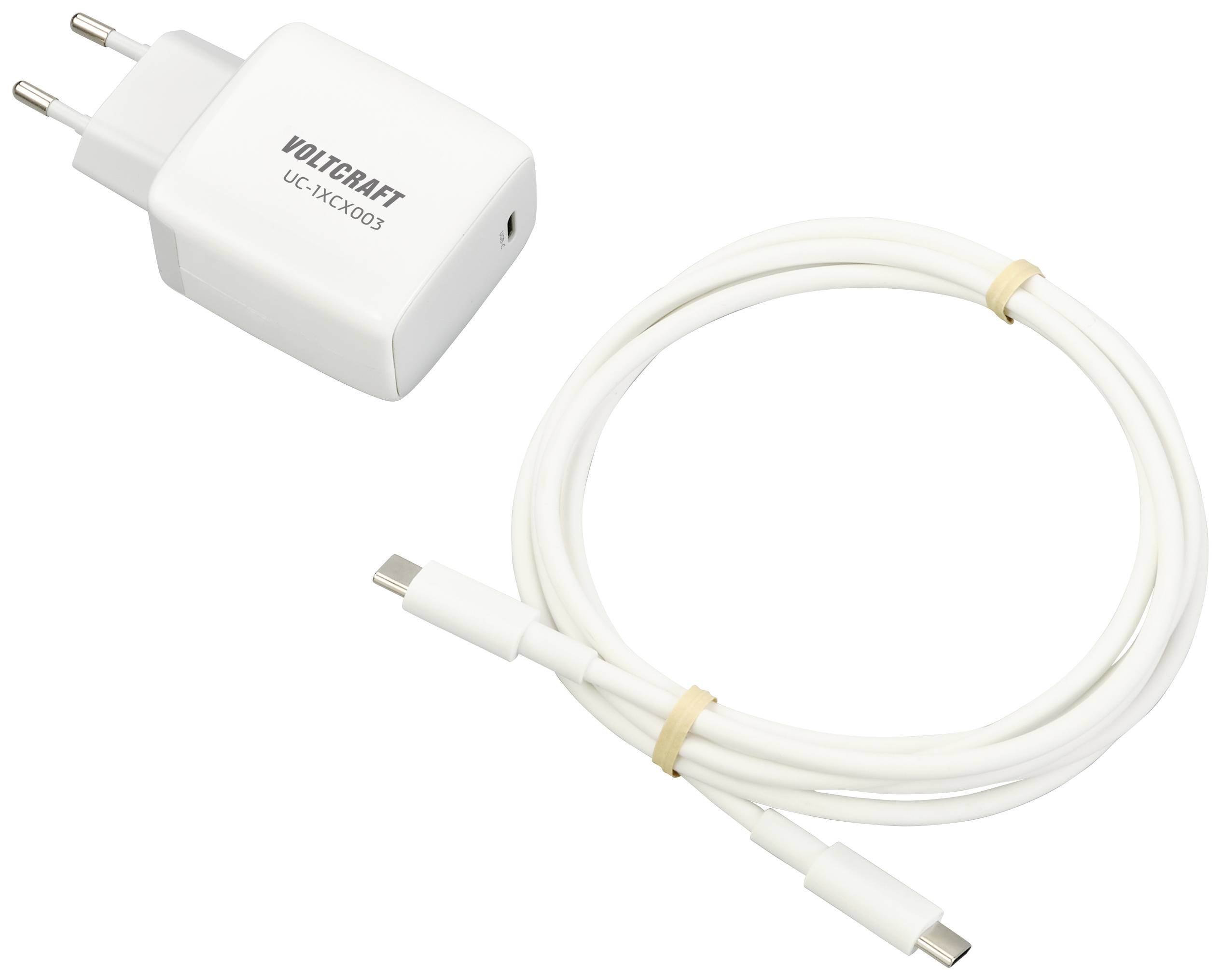 Voltcraft UC-K4003 USB-C-laddare med avtagbar USB-C-kabel, presenterad på vit bakgrund.