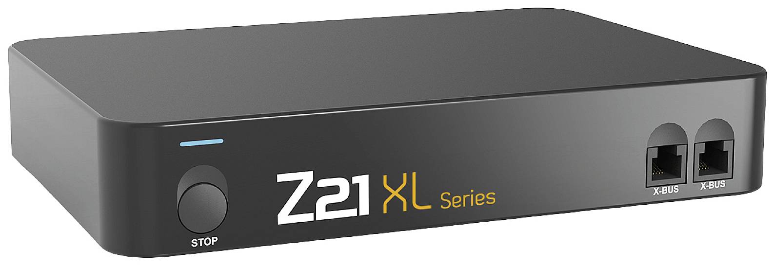 Svart elektronisk enhet med påskriften 'Z21 XL Series', två Ethernet-anslutningar och en knapp märkt 'STOP'.
