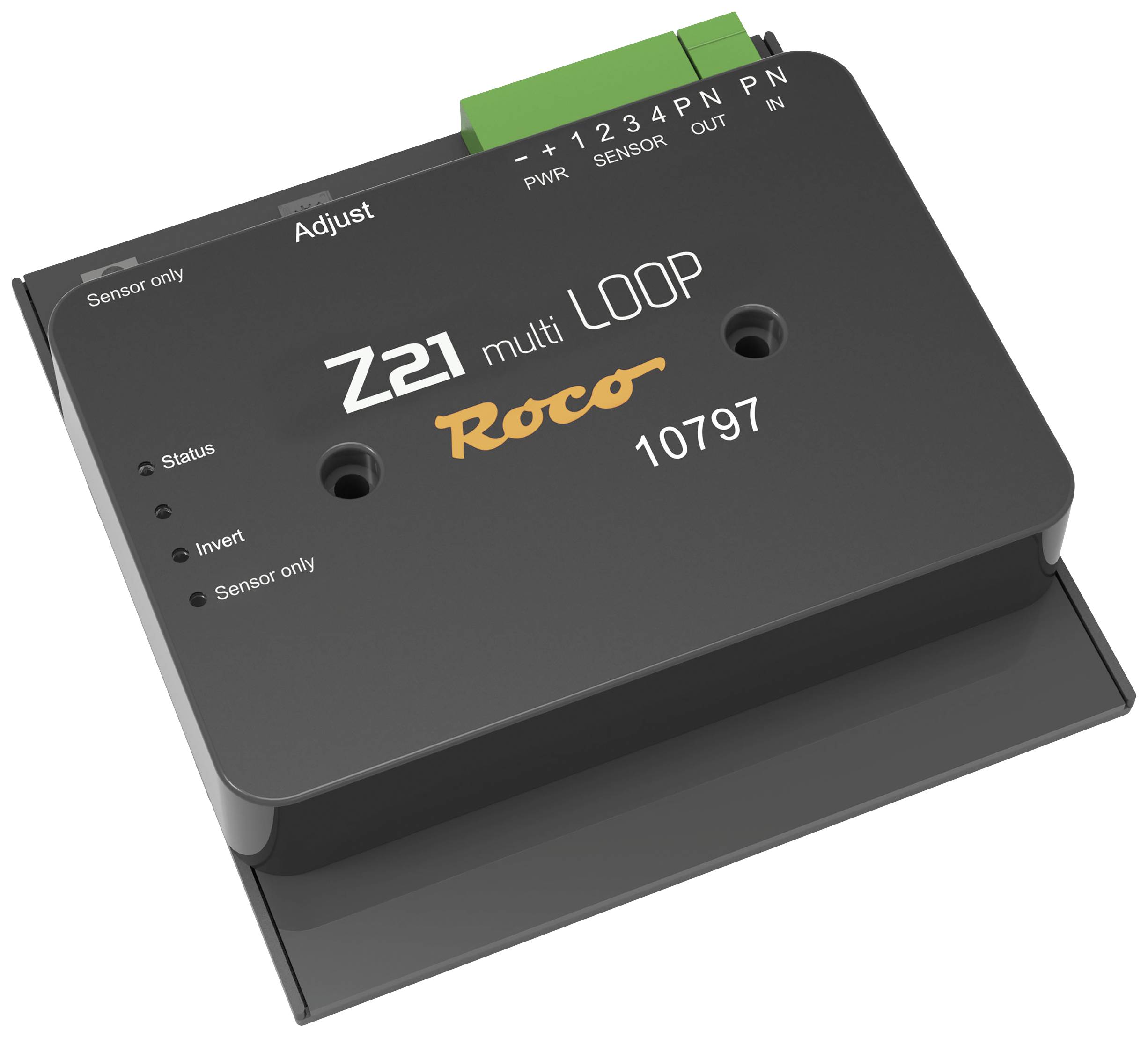'Z21 multi LOOP' från Roco, ett svart modelljärnvägstillbehör med anslutningar och statusindikationer.
