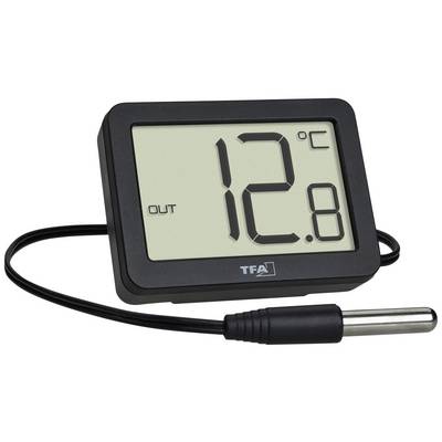 Digitalt termometer visar utomhustemperatur på 12,8°C. Har kabelansluten sensor.