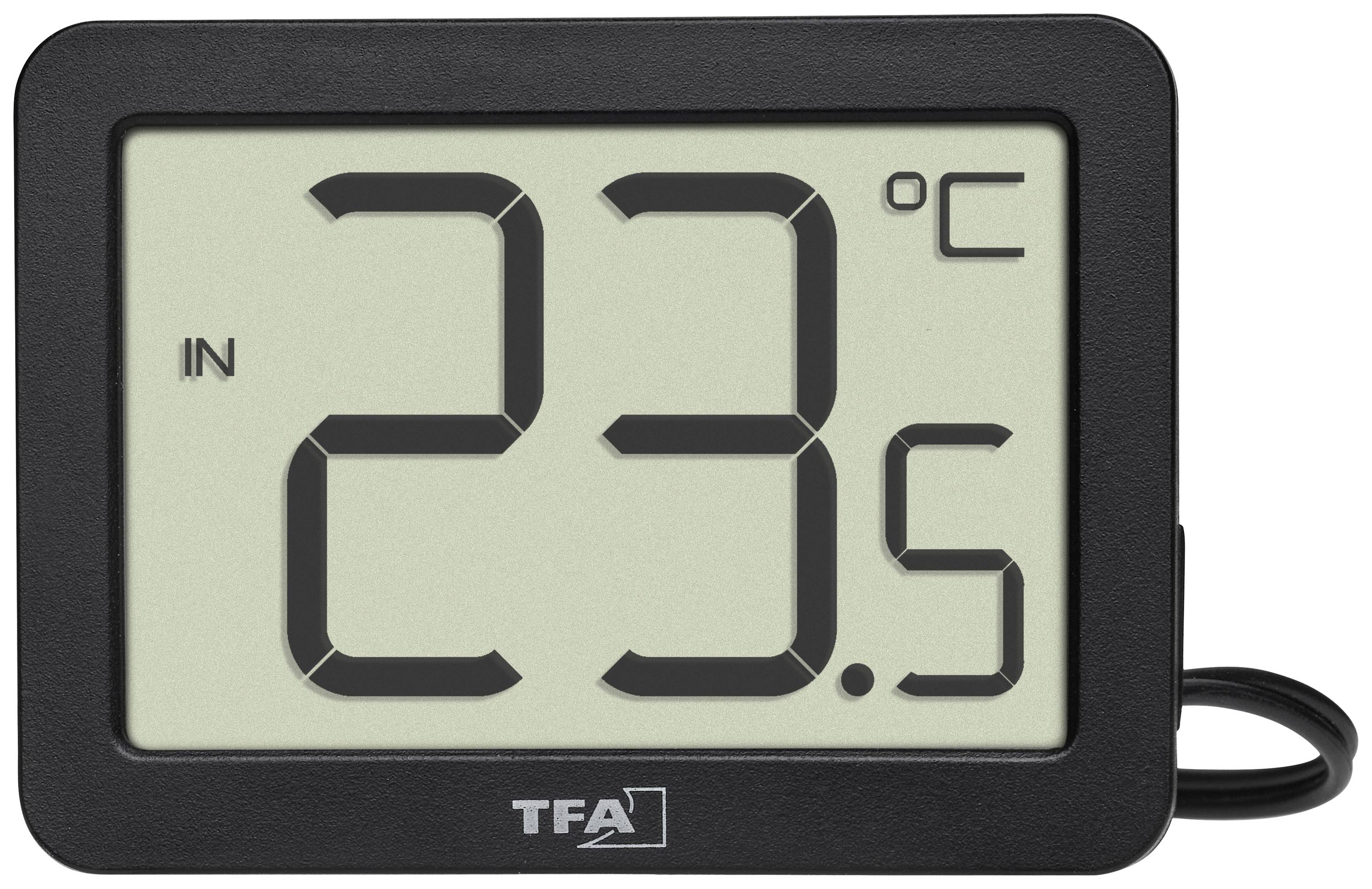Digitalt termometer visar '23,5°C'. Stor display, svart ram.